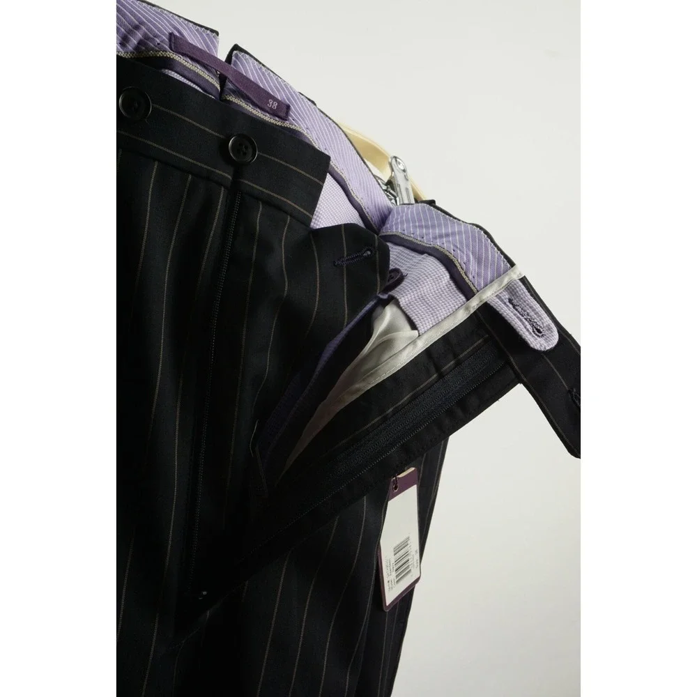 New Aristo 18 Aberdeen Men's 38 Unhemmed Navy Blue Tan Stripe Wool Dress Pants